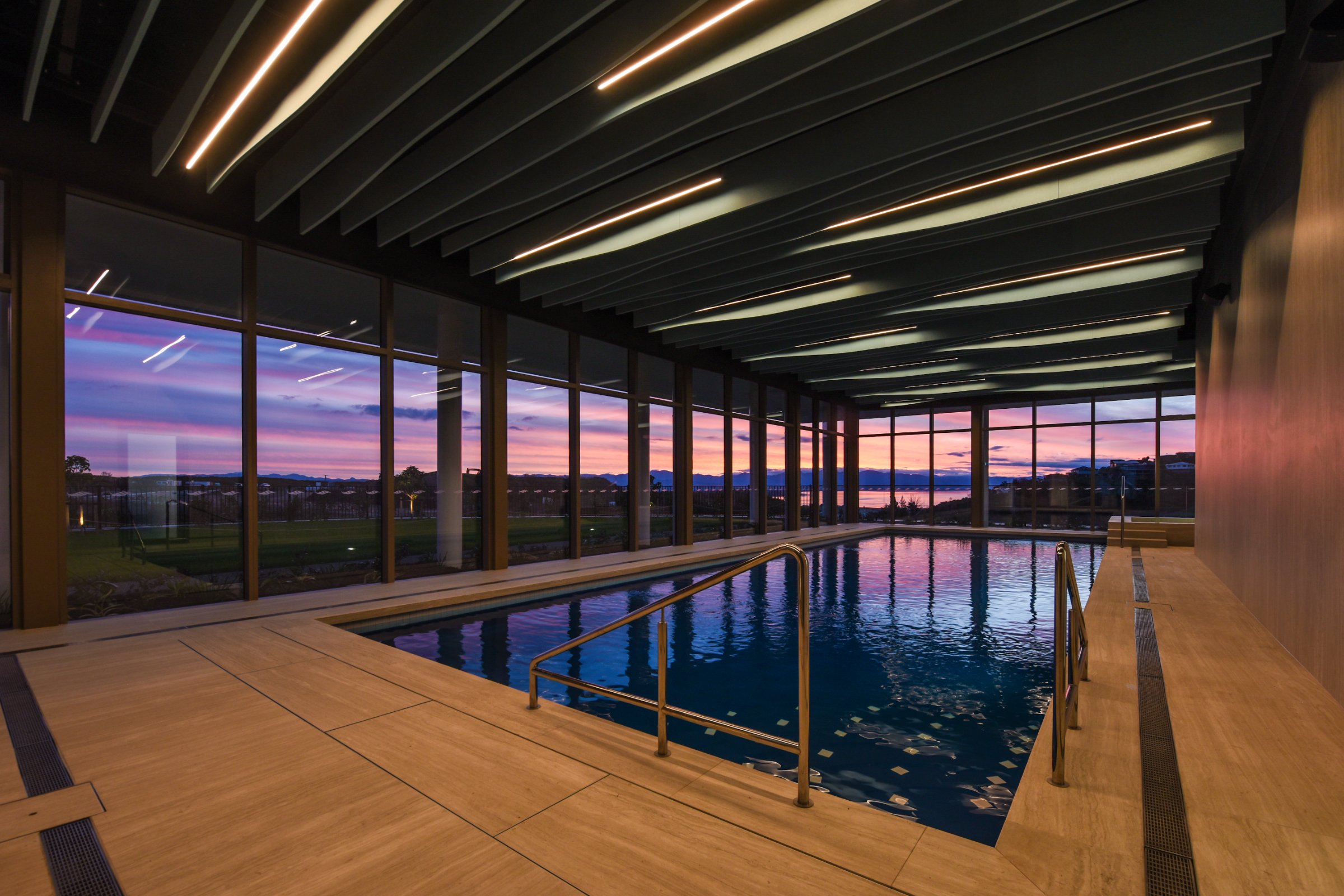 Indoor pool at dusk